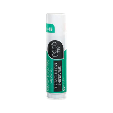 Spearmint Lip balm stick in with 'All Good' branding on a white background