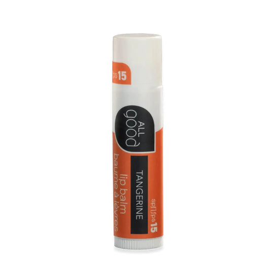 Tangerine Lip balm stick with 'All Good' branding on a white background