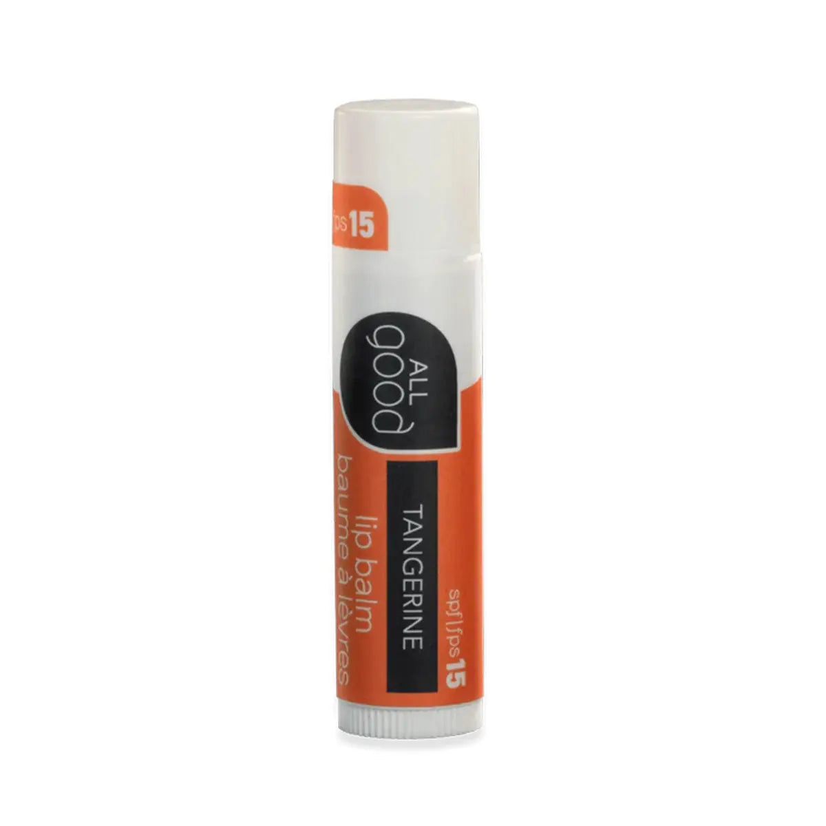 Tangerine Lip balm stick with 'All Good' branding on a white background