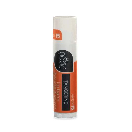 Tangerine Lip balm stick with 'All Good' branding on a white background
