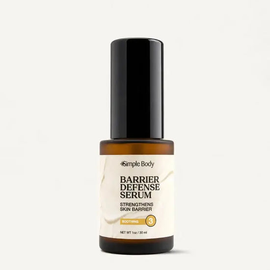 Simple Body Barrier Defense Serum with a yellow label for sensitive skin and step number 3 on the bottle on a white background. (AI)