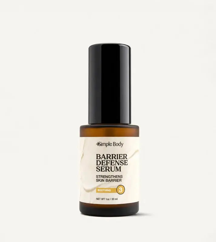 Simple Body Barrier Defense Serum with a yellow label for sensitive skin and step number 3 on the bottle on a white background. (AI)