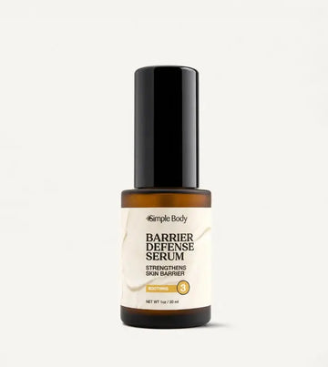 Simple Body Barrier Defense Serum with a yellow label for sensitive skin and step number 3 on the bottle on a white background. (AI)
