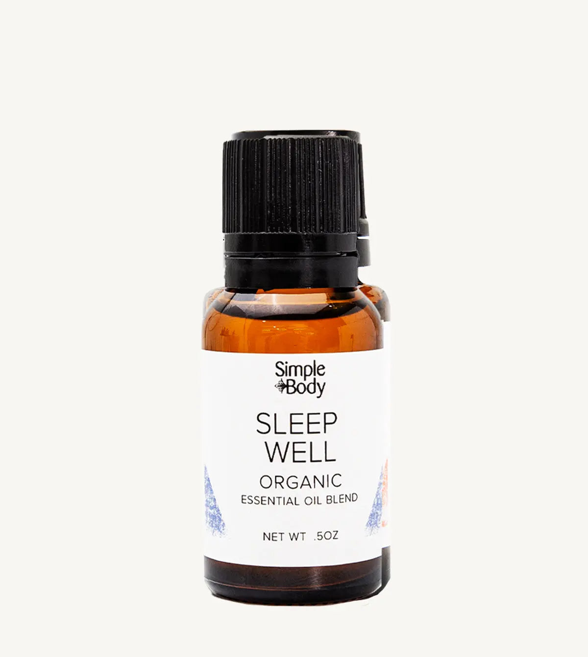 Bottle of Simple Body Sleep Well organic essential oil blend on a white background