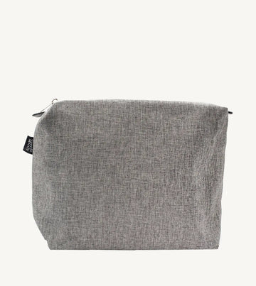 A gray linen cosmetic bag with a zipper closure and a tag visible on the side.