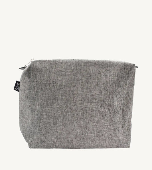 A gray linen cosmetic bag with a zipper closure and a tag visible on the side.