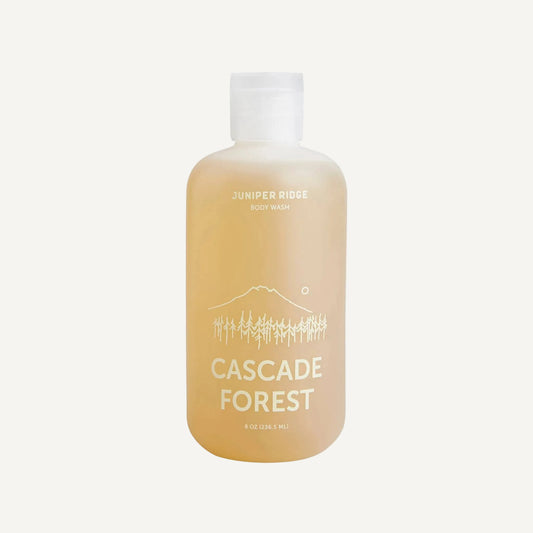 Bottle of Juniper Ridge Cascade Forest body wash on a white background
