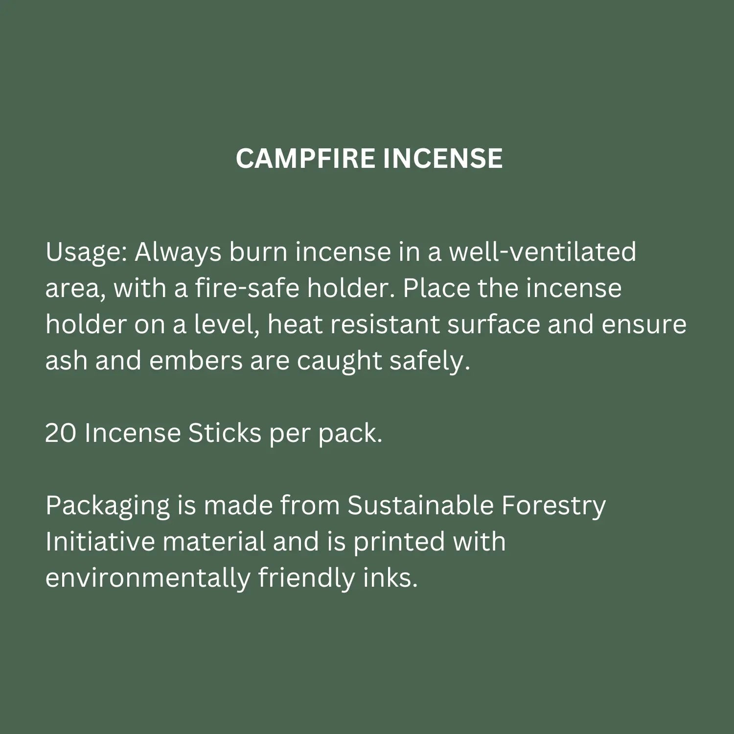 Instructions for using Juniper Ridge campfire incense in cedar on a green background