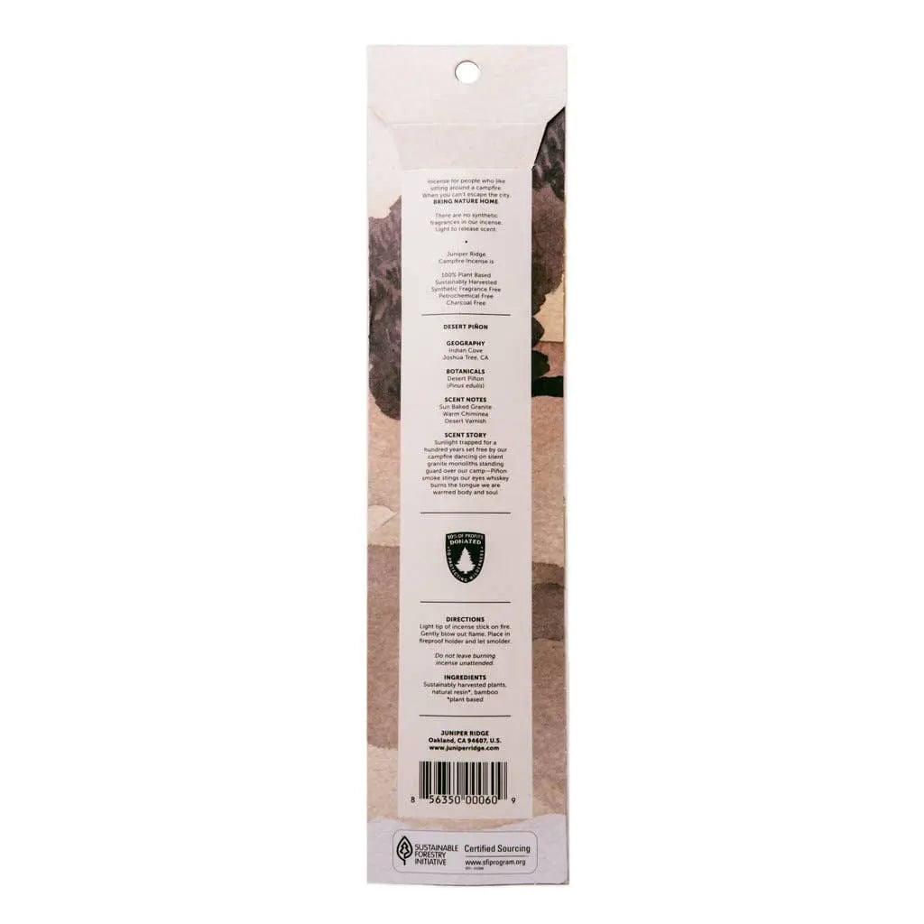 Juniper Ridge Campfire Incense in Desert Pinon watercolor package back with ingredients, how to use, logo and barcode