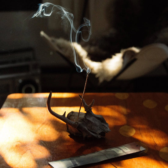 A rustic incense holder made from a deer skull with antlers sits on a wooden table in warm, dappled sunlight, with a incense stick burning and smoke curling upward. A metal tray is placed in front of the holder.
