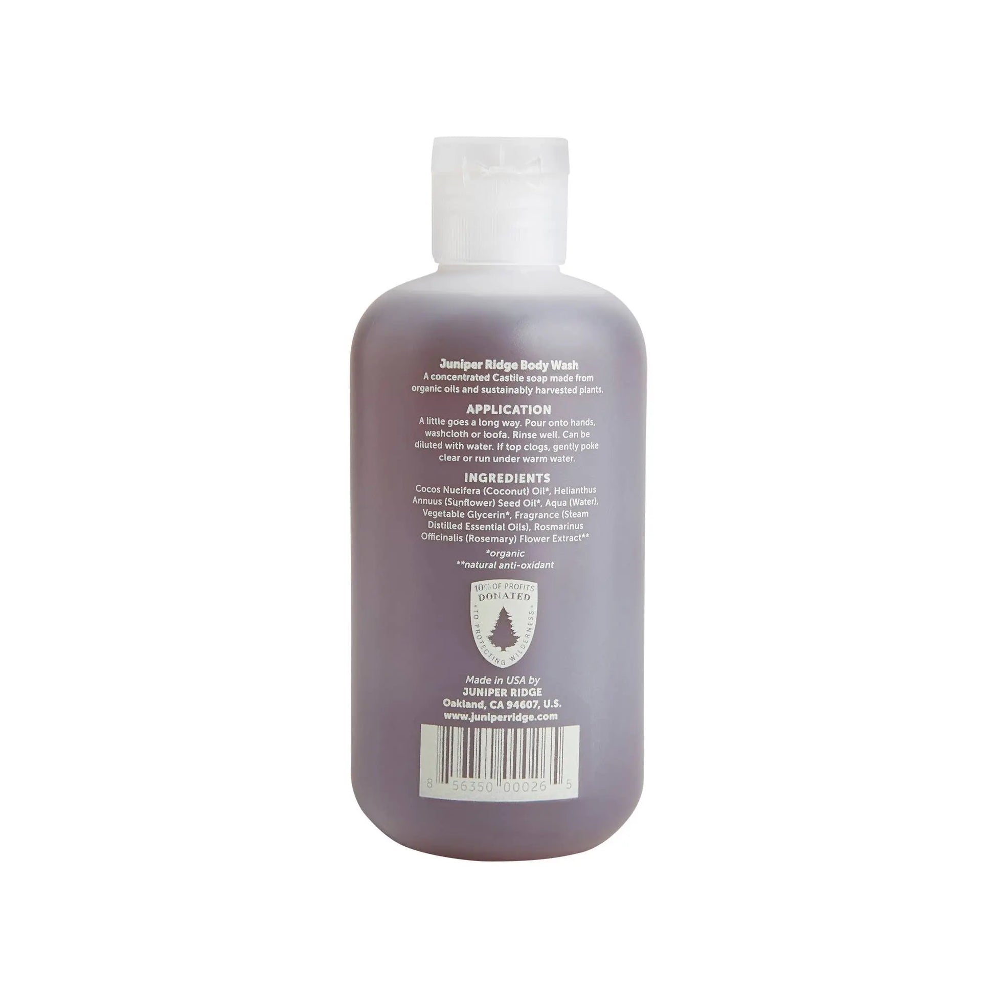 A bottle of Juniper Ridge Body Wash shown from the back, featuring a translucent dark purple body and a white flip-top cap on a plain white background.