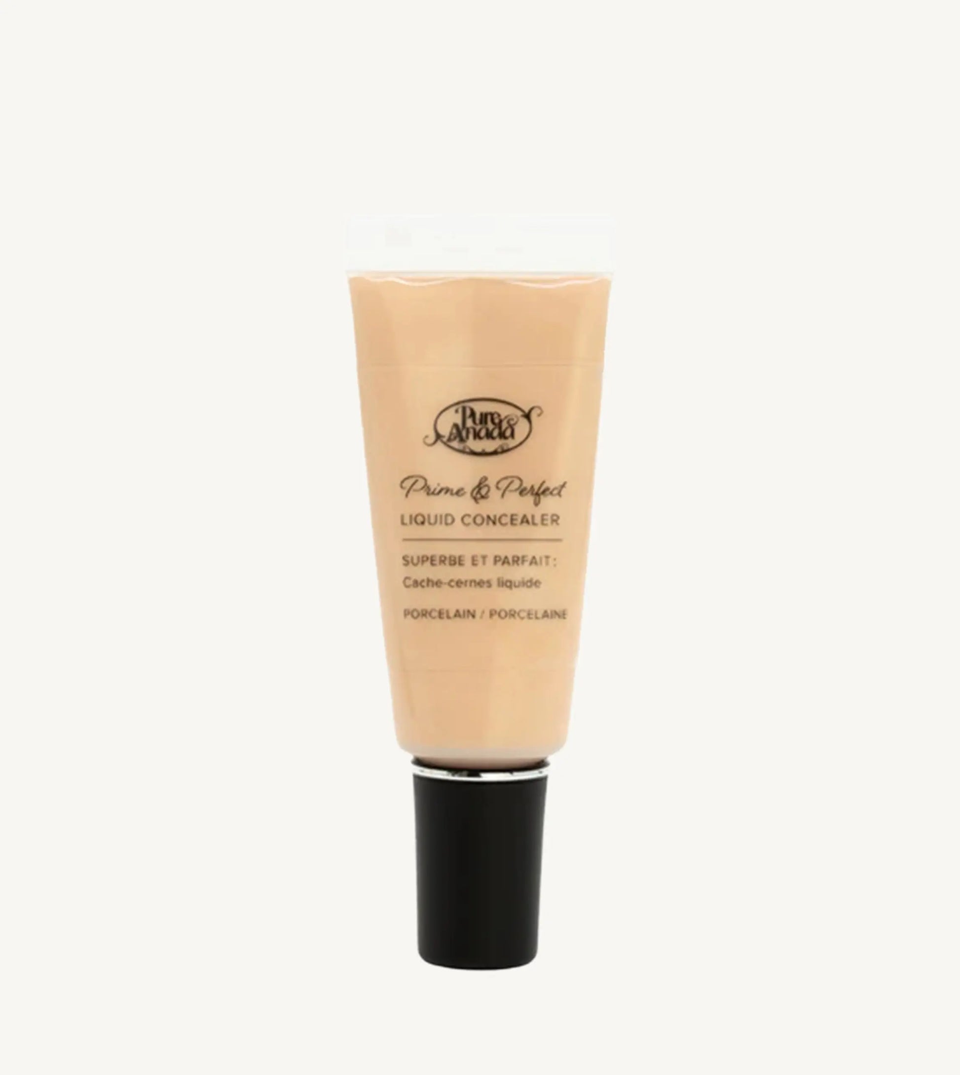 A photo of Pure Anada's Liquid Concealer in Porcelain which is a very light beige color on a tan background.