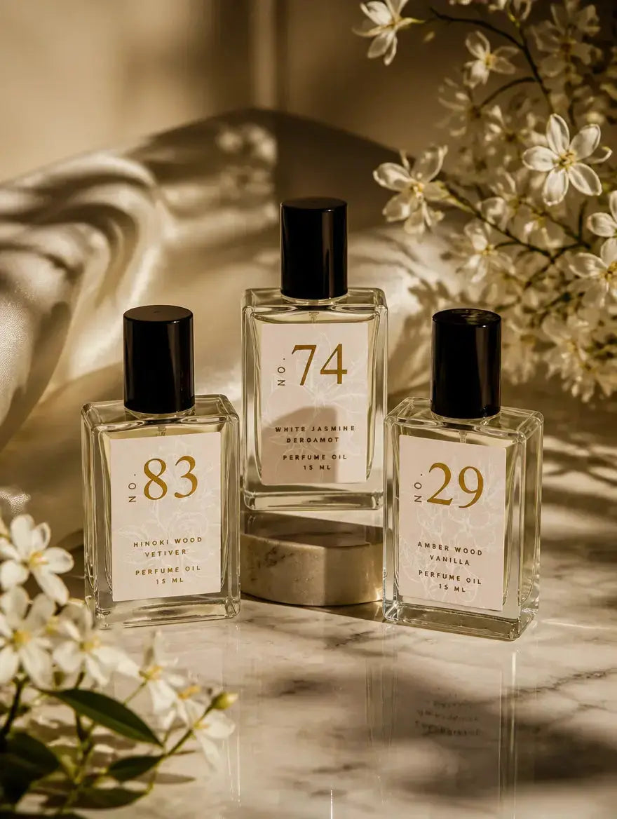 Three bottles of Luxe Perfume including No. 74, No. 83, and No. 29 with beige labels set around natural dried flowers on a marble countertop with shadows.
