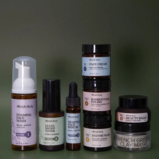 A Mini Skincare Kit for Acne Prone skin including a Foaming Face Wash, Clean Sweep Toner, Nightly Face Serum, Face Cream, Bamboo Face Polish, Pineapple and Papaya Enzyme Mask, Beauty Balm, French Green Clay Mask