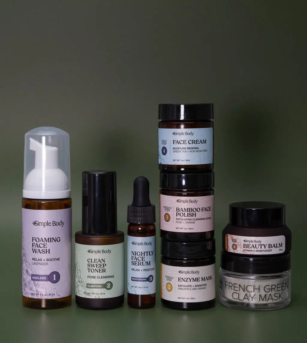 A Mini Skincare Kit for Acne Prone skin including a Foaming Face Wash, Clean Sweep Toner, Nightly Face Serum, Face Cream, Bamboo Face Polish, Pineapple and Papaya Enzyme Mask, Beauty Balm, French Green Clay Mask