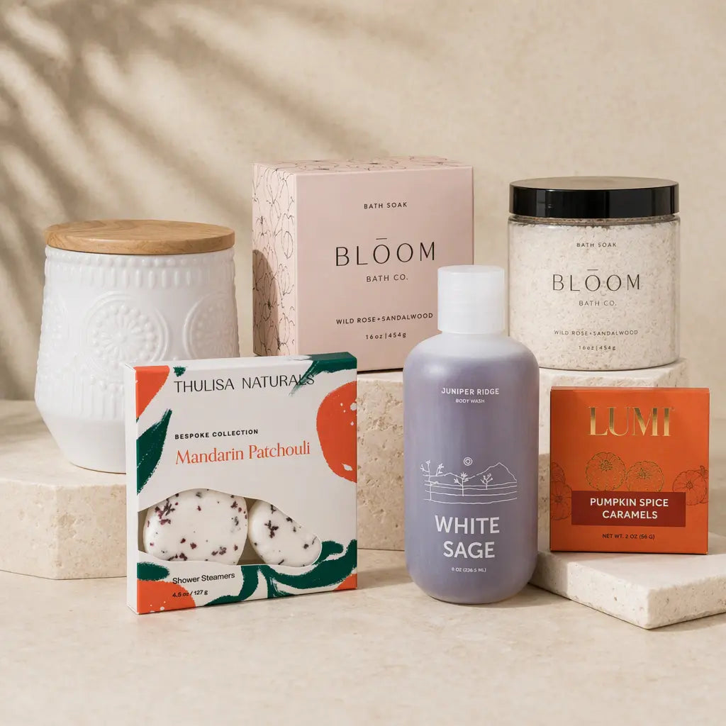 A curated bath and body gift collection featuring a candle in a white ceramic jar with a wooden lid, a pink 'Bloom' bath salt box, a white bath salt jar, a lavender 'White Sage' bath gel bottle, a 'Mandarin Patchouli' shower steamer box, and an orange 'Pumpkin Spice Caramels' box, arranged on beige stone blocks.