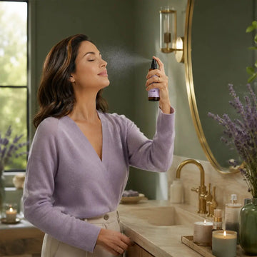A woman in a lavender wrap sweater stands in a bathroom, spraying a fine mist from a Simple Body Age Defying Botanical Skin Tonic black spray bottle, she is holding up to a mirror. The bathroom has a warm beige stone sink, gold fixtures, and soft green walls.