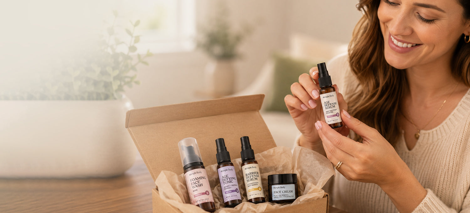 Woman holding Simple Body Age Defense Serum beside a trial-size skincare set in a gift box