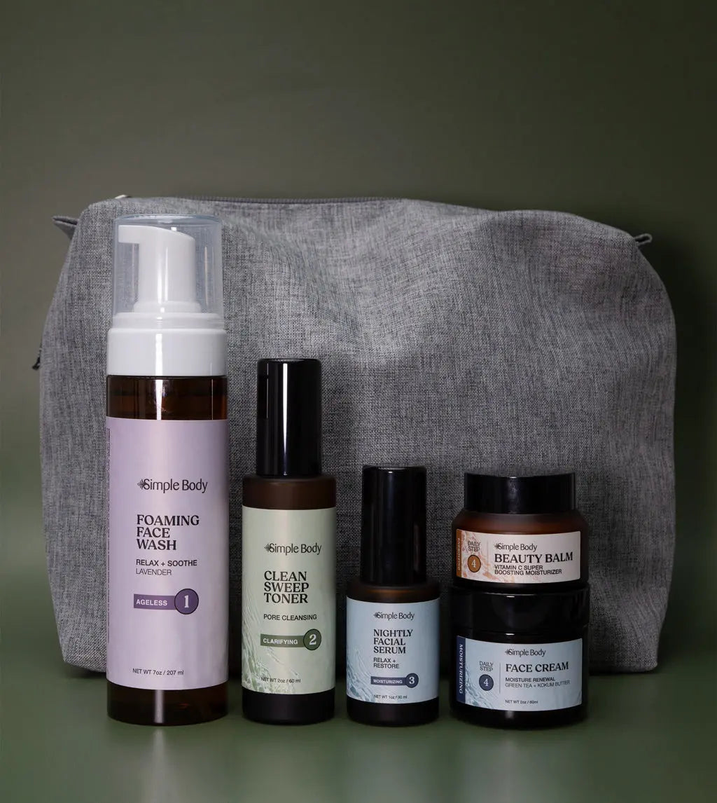 A Starter Skincare Kit for acne-prone skin with a foaming face wash, Clean Sweep Toner, Nightly Face Serum, Beauty Balm, Face Cream, and a gray cosmetic bag on a green background.