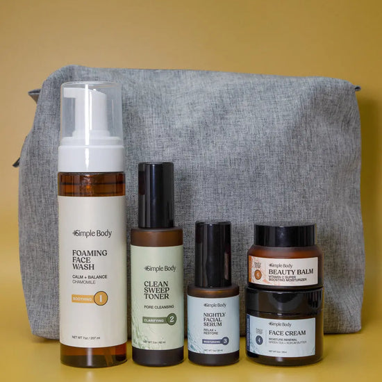 A Starter Skincare Kit for combination skin with a foaming face wash, Clean Sweep Toner, Nightly Face Serum, Beauty Balm, Face Cream, and a gray cosmetic bag on a yellow background.
