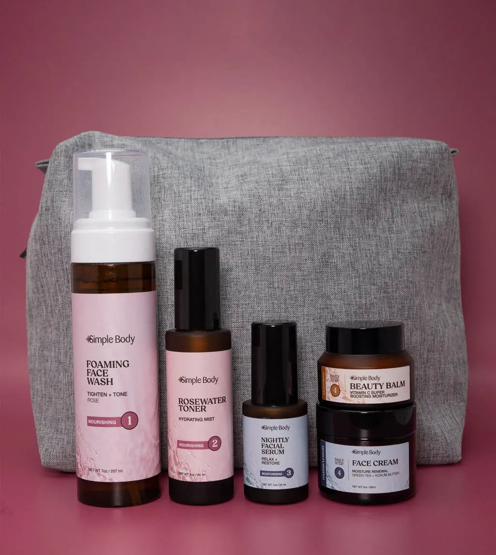 A Starter Skincare Kit for Normal to Dry skin with a foaming face wash, Rosewater Toner, Nightly Face Serum, Beauty Balm, Face Cream, and a gray cosmetic bag on a rosy pink background.