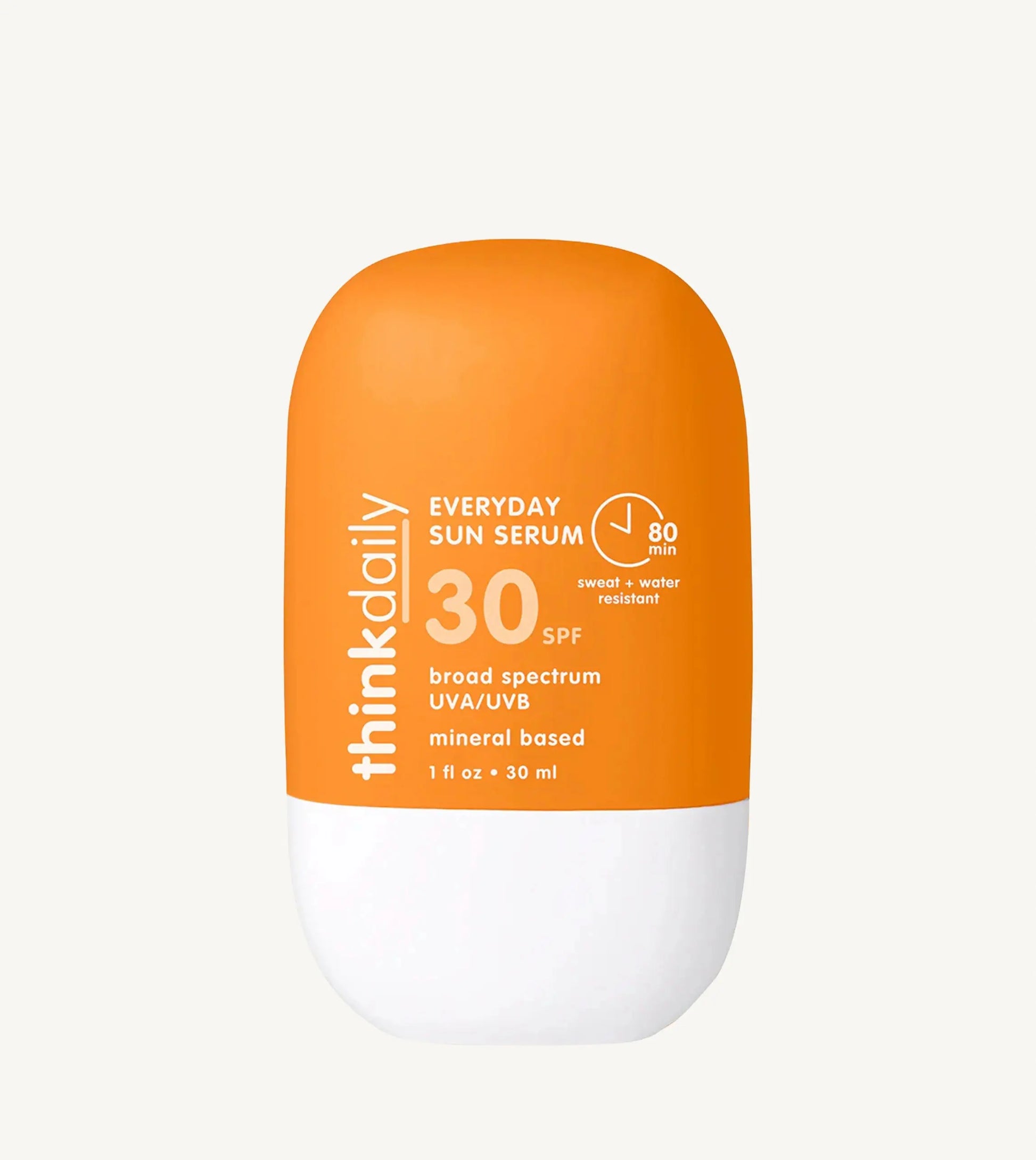 Orange and white sunscreen bottle with 'think daily' branding on a white background