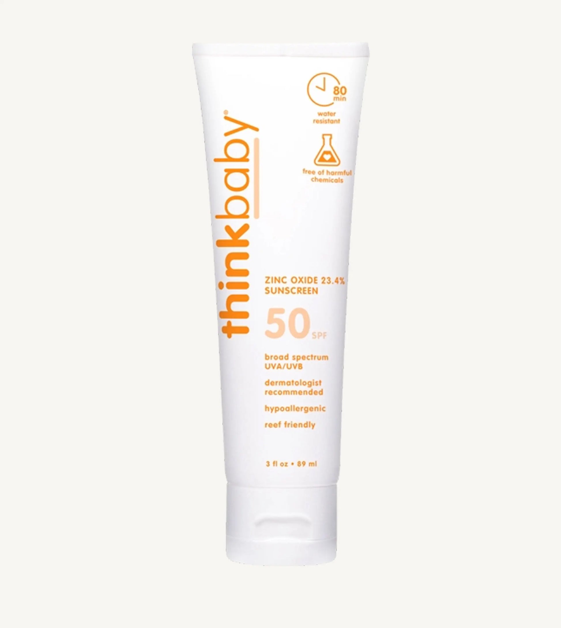 Thinkbaby sunscreen SPF 50 tube on a white background