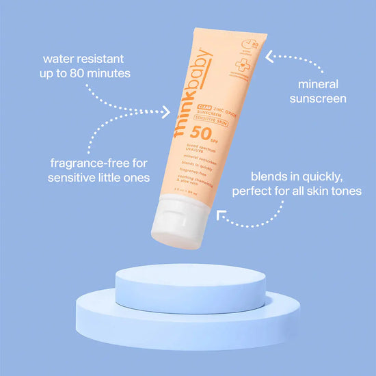 Think Baby Sensitive sunscreen tube on a blue platform with text highlighting features