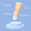 Think Baby Sensitive sunscreen tube on a blue platform with text highlighting features