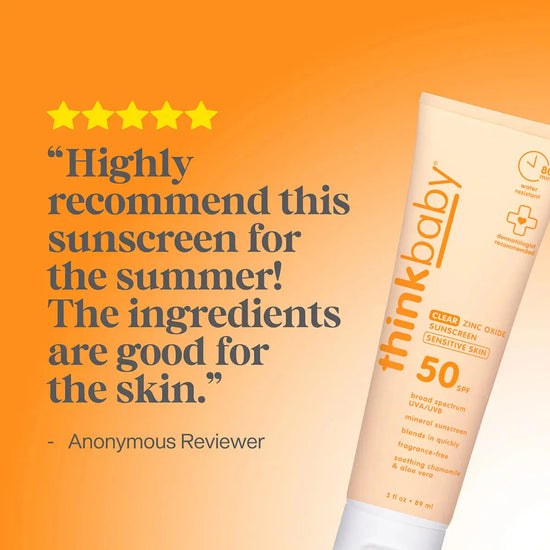 Thinkbaby sunscreen tube with five-star rating and positive review on an orange background