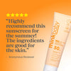 Thinkbaby sunscreen tube with five-star rating and positive review on an orange background