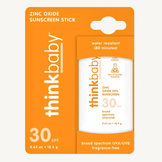 thinkbaby sunscreen stick packaging with orange background