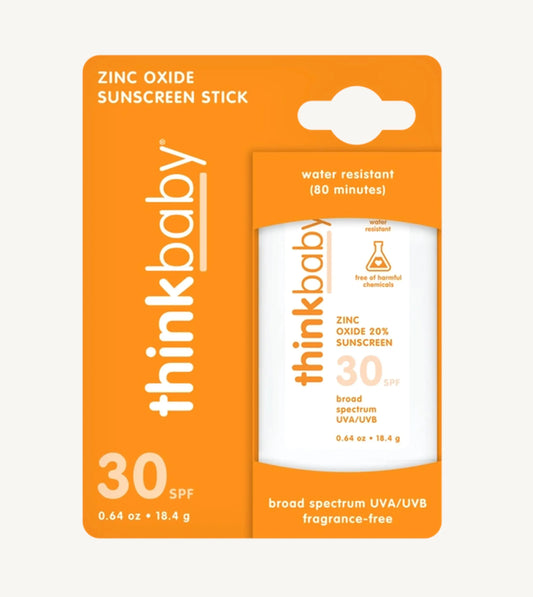 thinkbaby sunscreen stick packaging with orange background