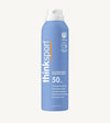 Blue sunscreen spray bottle with white cap on a white background
