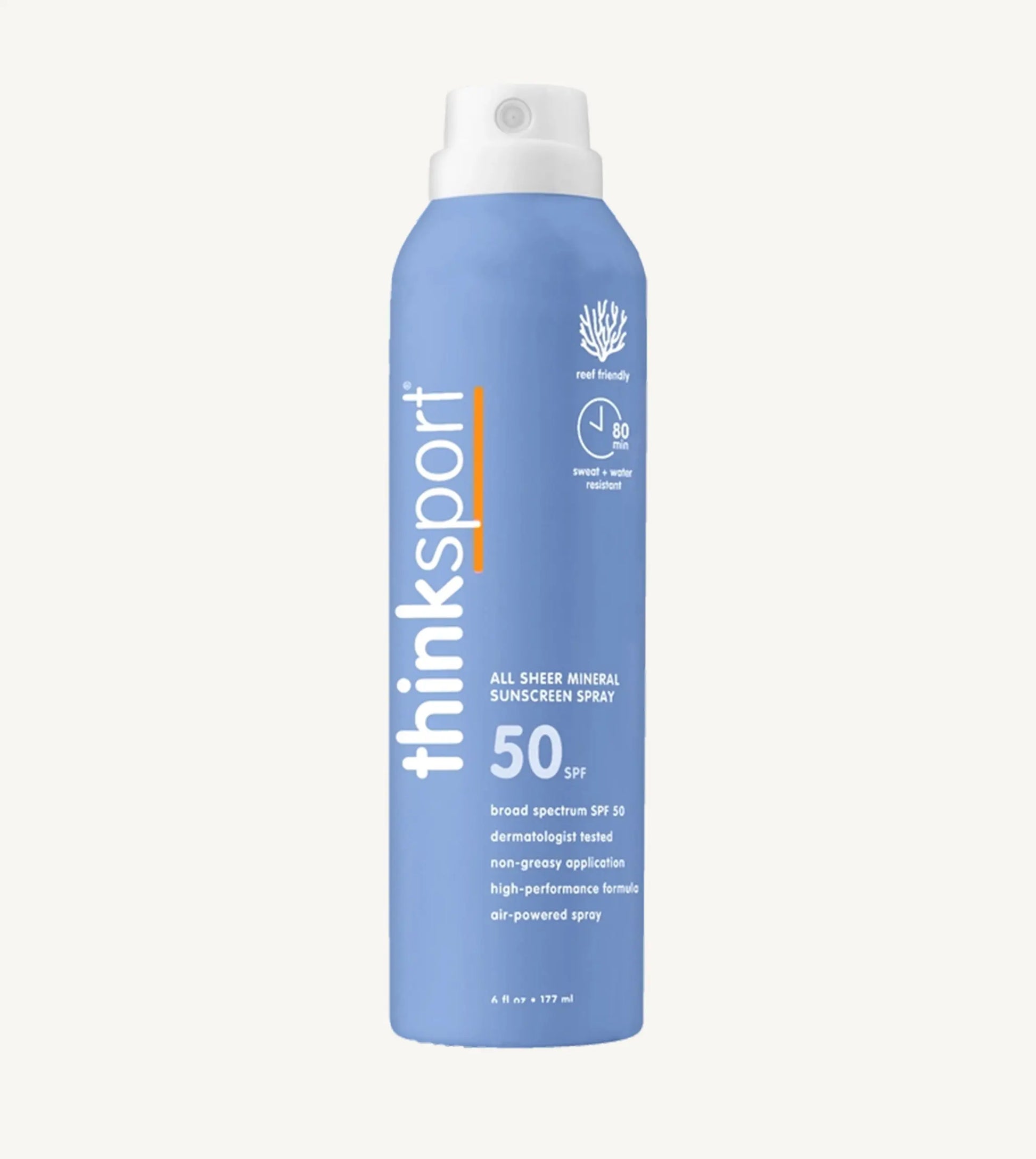 Blue sunscreen spray bottle with white cap on a white background