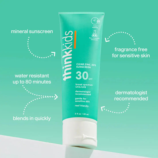 Think Kids sunscreen tube on a teal background with text highlighting features
