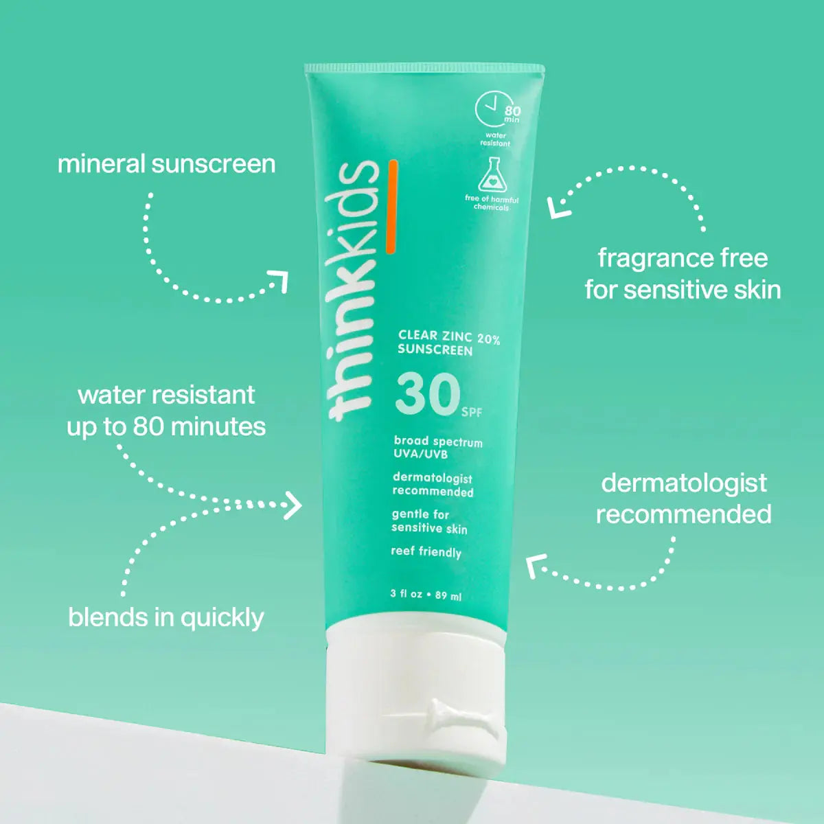 Think Kids sunscreen tube on a teal background with text highlighting features