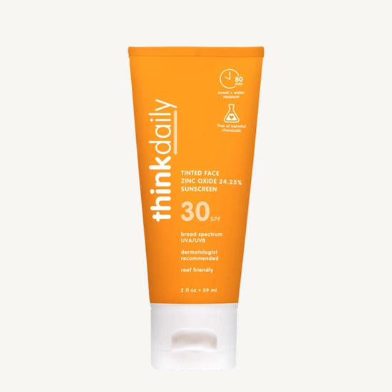 ThinkDaily sunscreen tube on a white background