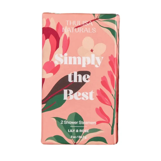 A photo of a beautiful pink box with floral illustrations and Thulisa Naturals logo at the top with "Simply The Best" and 2 Shower Steamers Lily & Rose type on the front of the box on a white background.