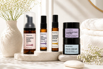 Simple Body trial-size skincare products, including Foaming Face Wash, Age Defying Tonic, Barrier Defense Serum, Bamboo Face Polish, and Face Cream.