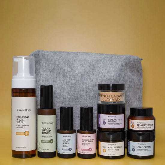 A skincare kit for sensitive skin with a gray pouch on a yellow background