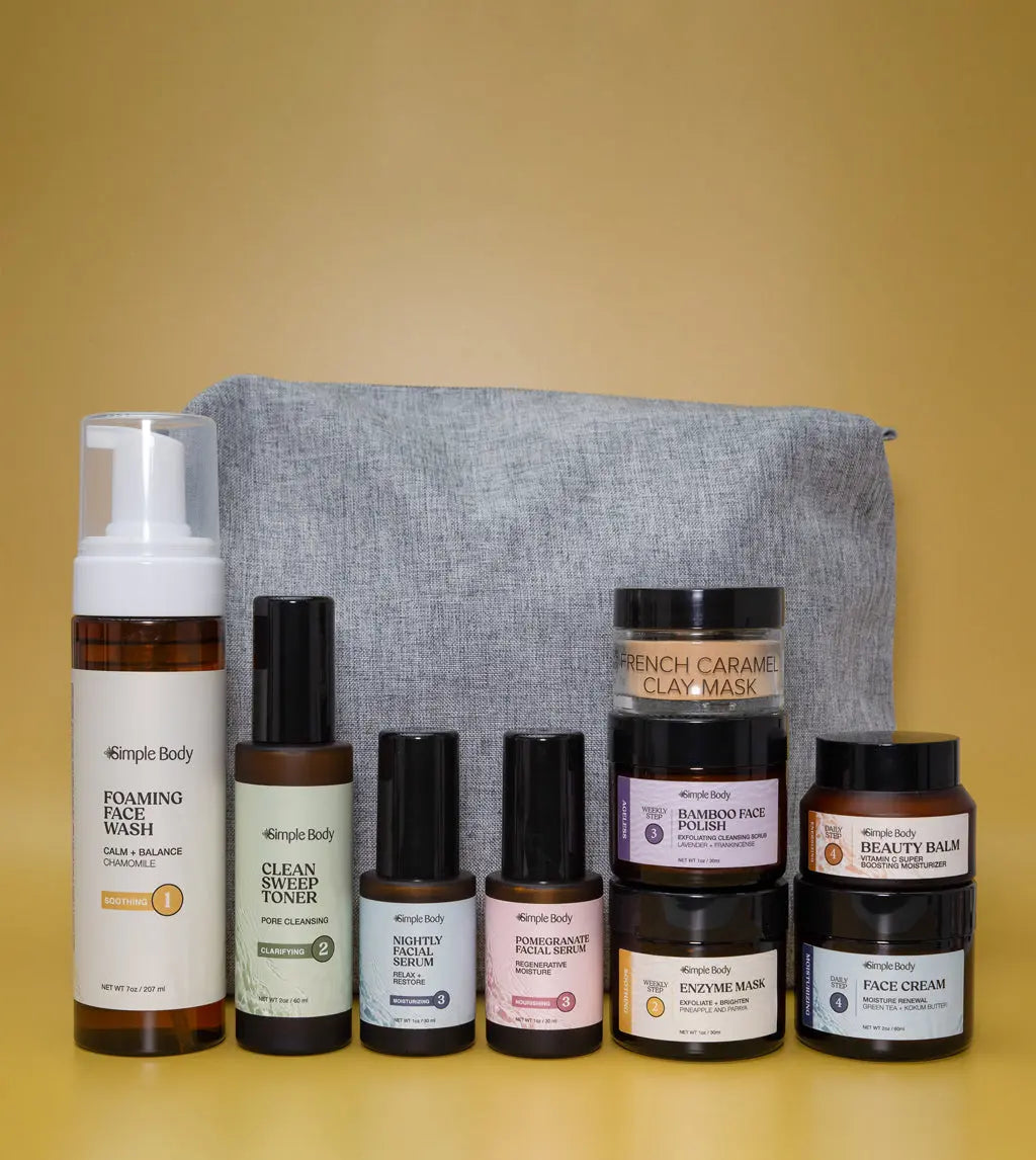 A skincare kit for sensitive skin with a gray pouch on a yellow background