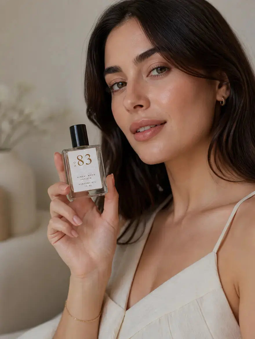 A woman holds a bottle of Luxe Perfume oil as the label reads "no. 83 Hinoki Wood Vetiver Perfume Oil on a beige background.
