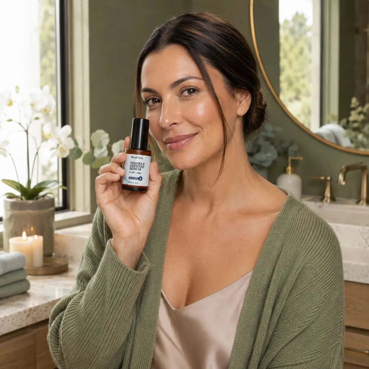A woman in a bathroom setting holds up a small amber bottle of Simple Body Wrinkle.Defense Serum.