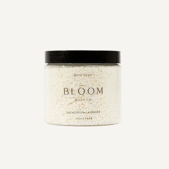 Jar of Eucalyptus and Lavender bath salts from Bloom Bath Co on a white background