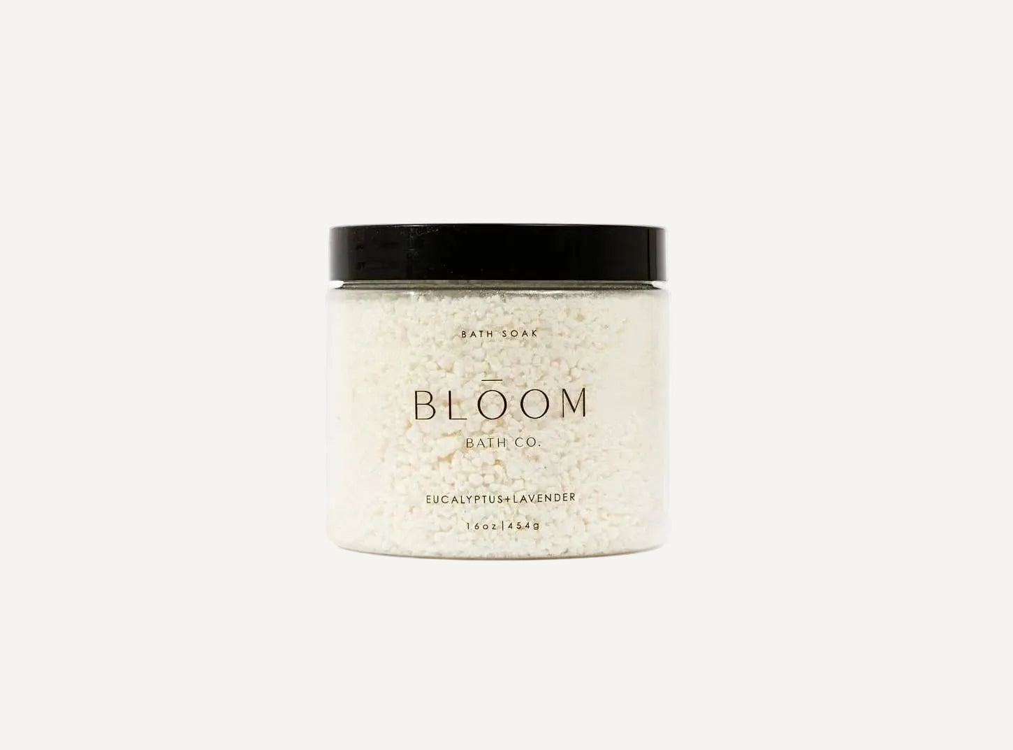 Jar of Eucalyptus and Lavender bath salts from Bloom Bath Co on a white background