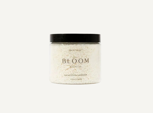 Jar of Eucalyptus and Lavender bath salts from Bloom Bath Co on a white background