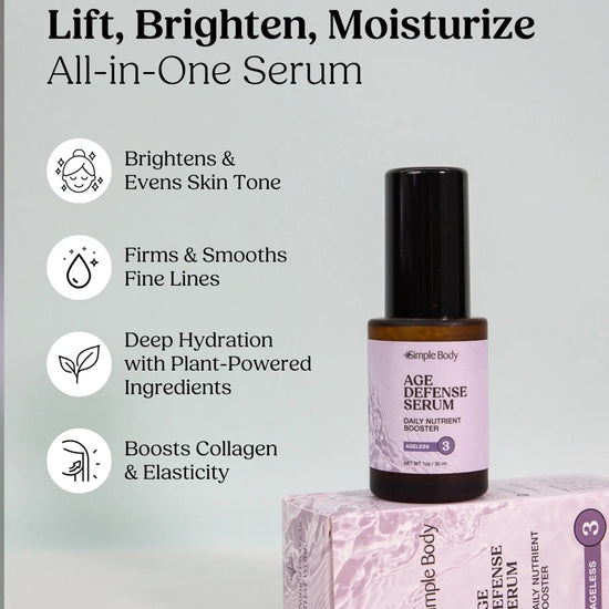 Simple Body Age Defense Serum bottle and packaging with product benefits on a light gray background
