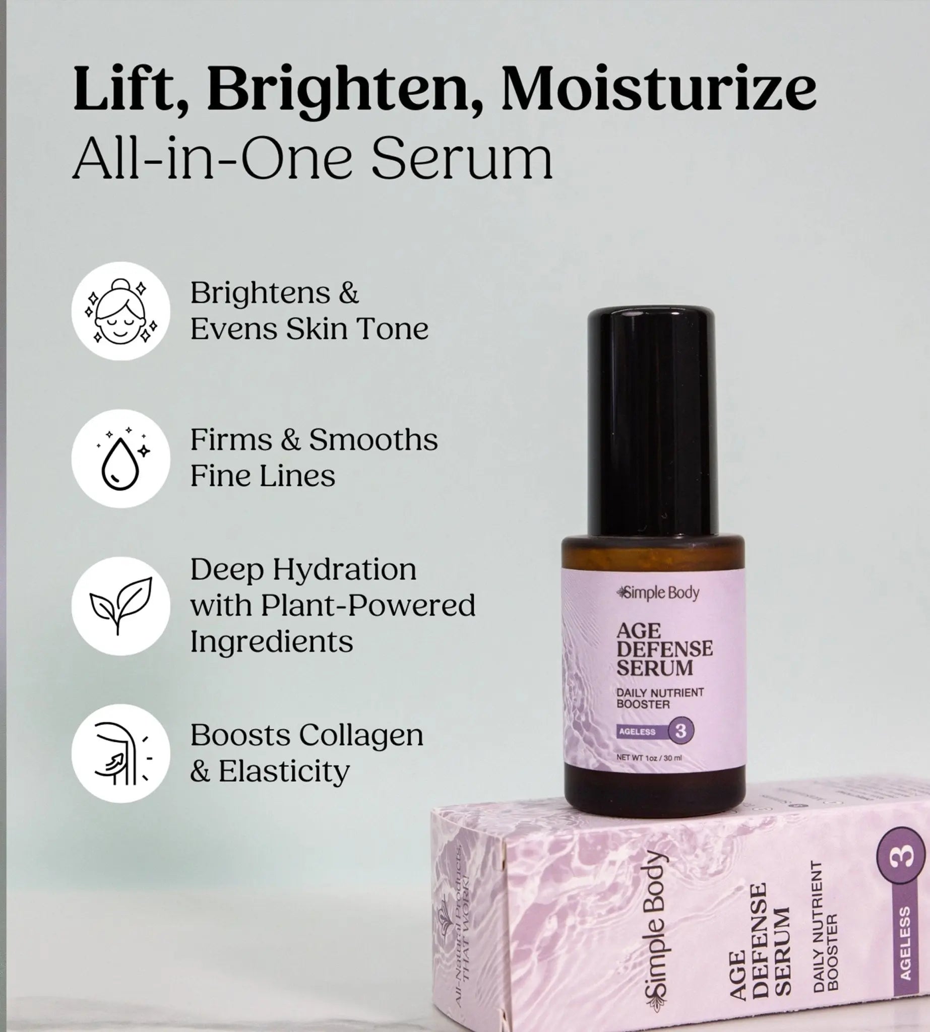 Simple Body Age Defense Serum bottle and packaging with product benefits on a light gray background