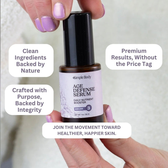 Hand holding a bottle of 'Simple Body' Age Defense Serum with text on a blurred background.